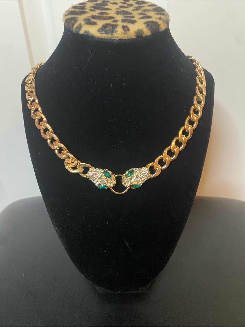Gold Chain Necklace with Green Crystal Panther Heads - Women Jewelry